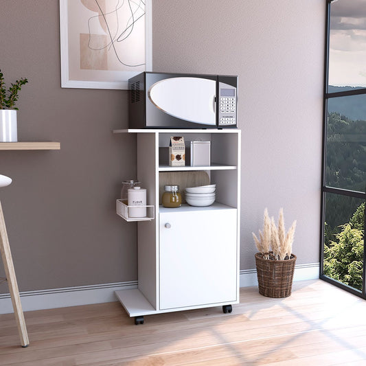 White kitchen cart with microwave and storage cabinets