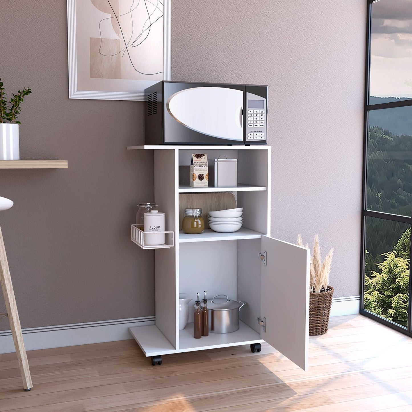 White kitchen microwave cart with open cabinet door and cookware inside