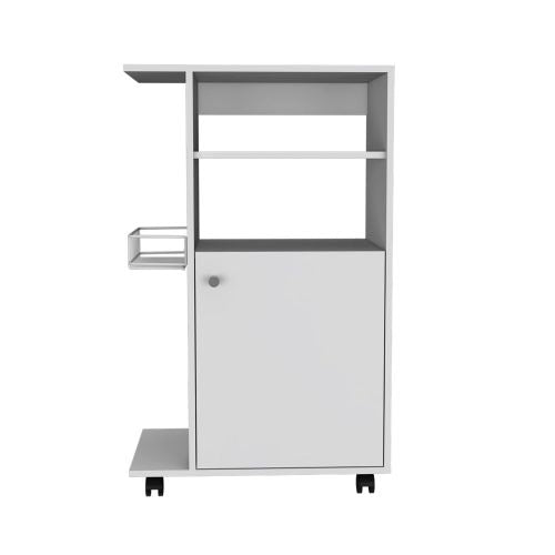 White rolling storage cart with shelves and a cabinet door