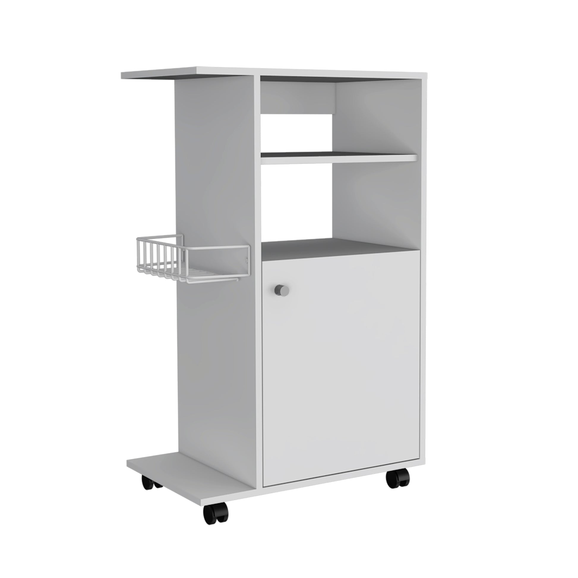 White rolling utility cart with open shelves and a cabinet door