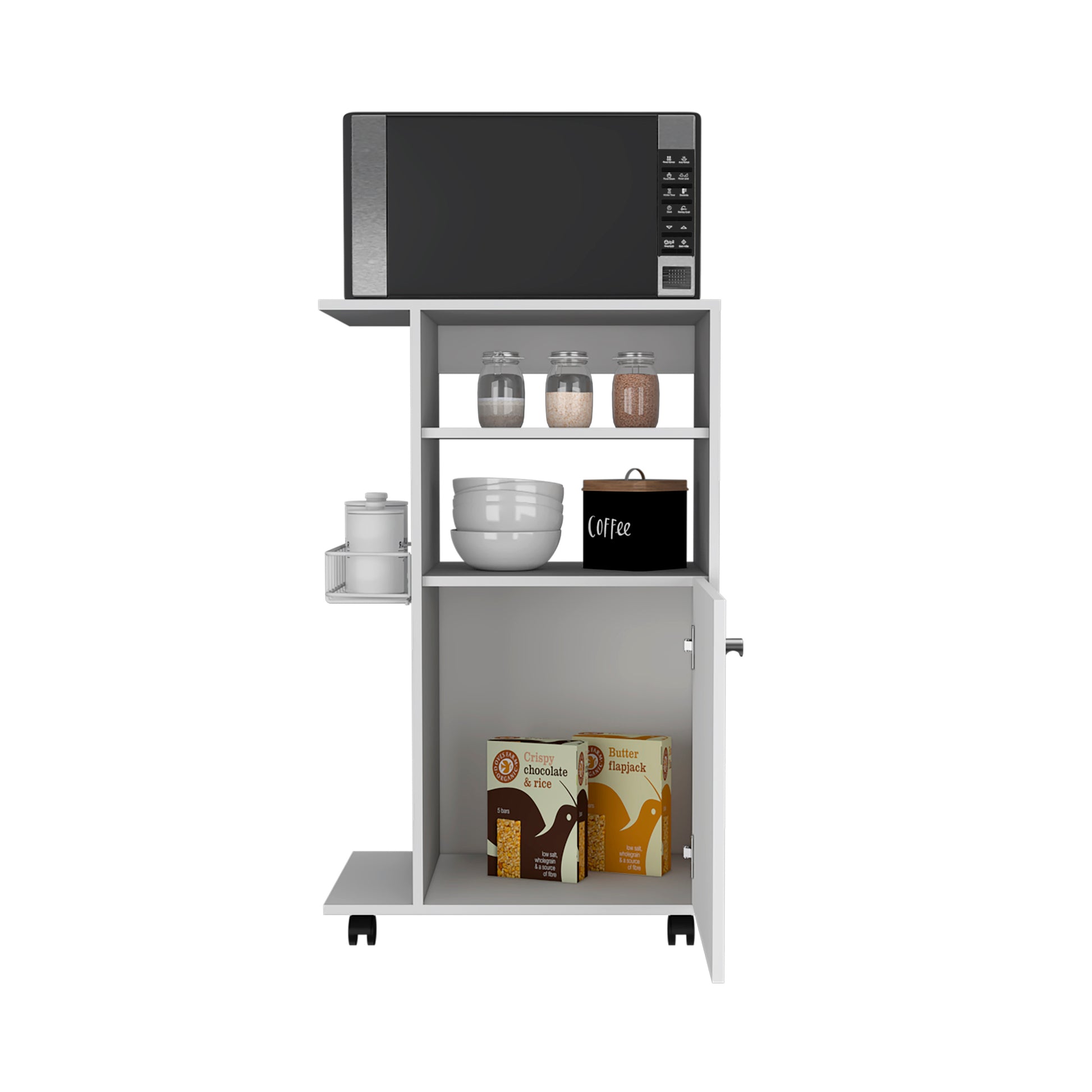 Modern white kitchen cart with microwave shelf and storage