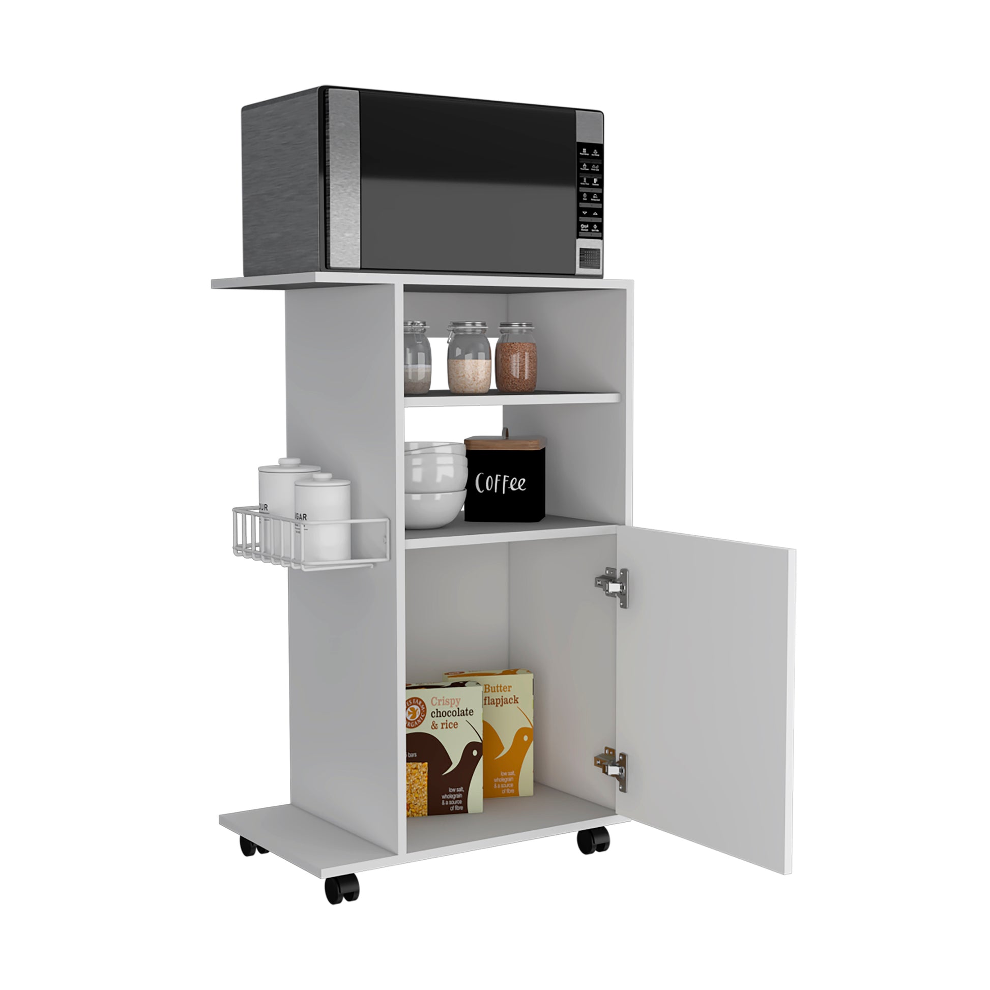 White mobile kitchen cart with microwave and storage shelves