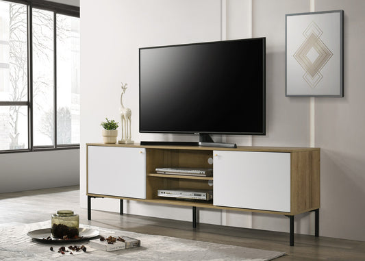 Midcentury modern entertainment center with white doors and wood grain finish