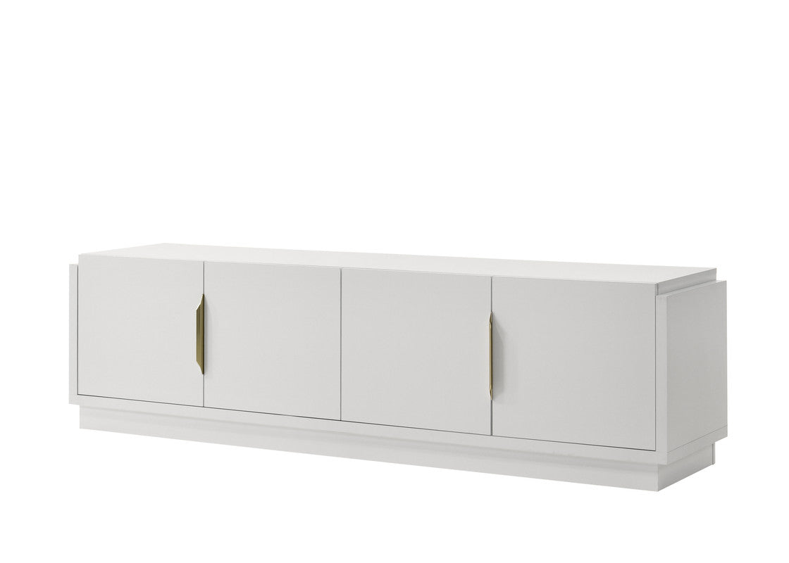 Modern white credenza with four doors and brass hardware