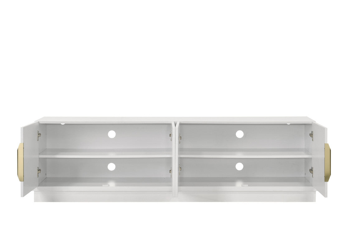 Open white media console with gold handles and cable management holes