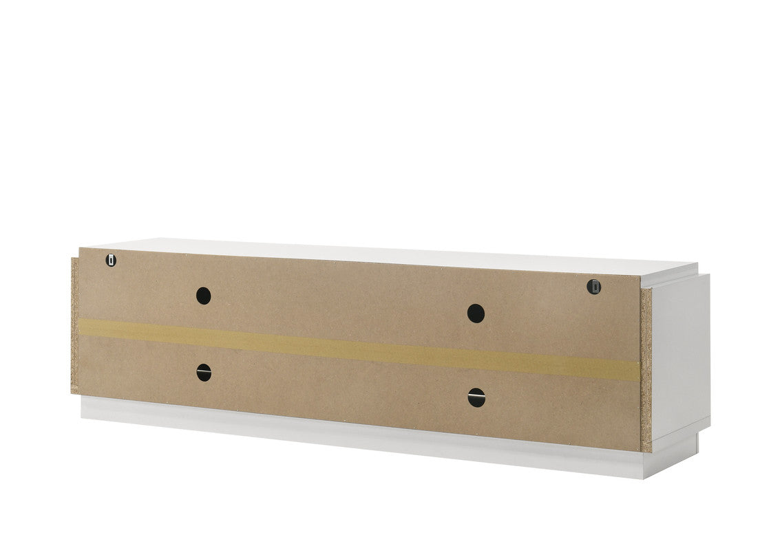 White media console back panel with cable management holes and mounting hardware
