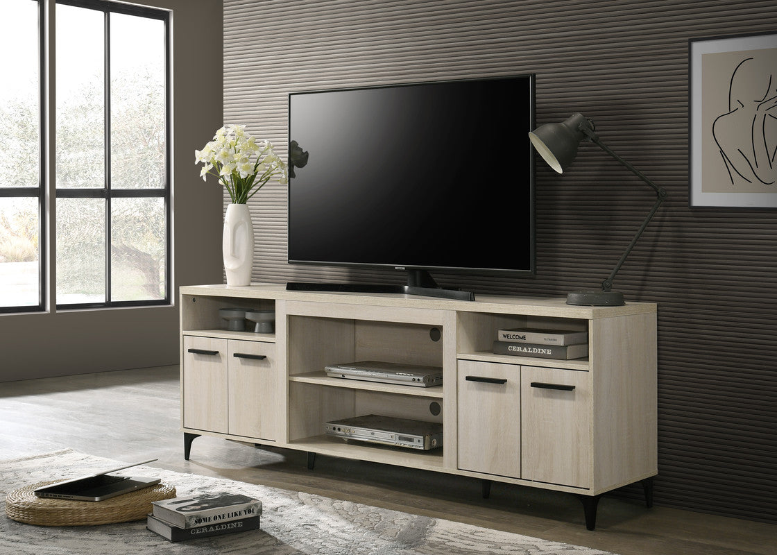Modern blonde wood TV stand with open shelves and black hardware  chars