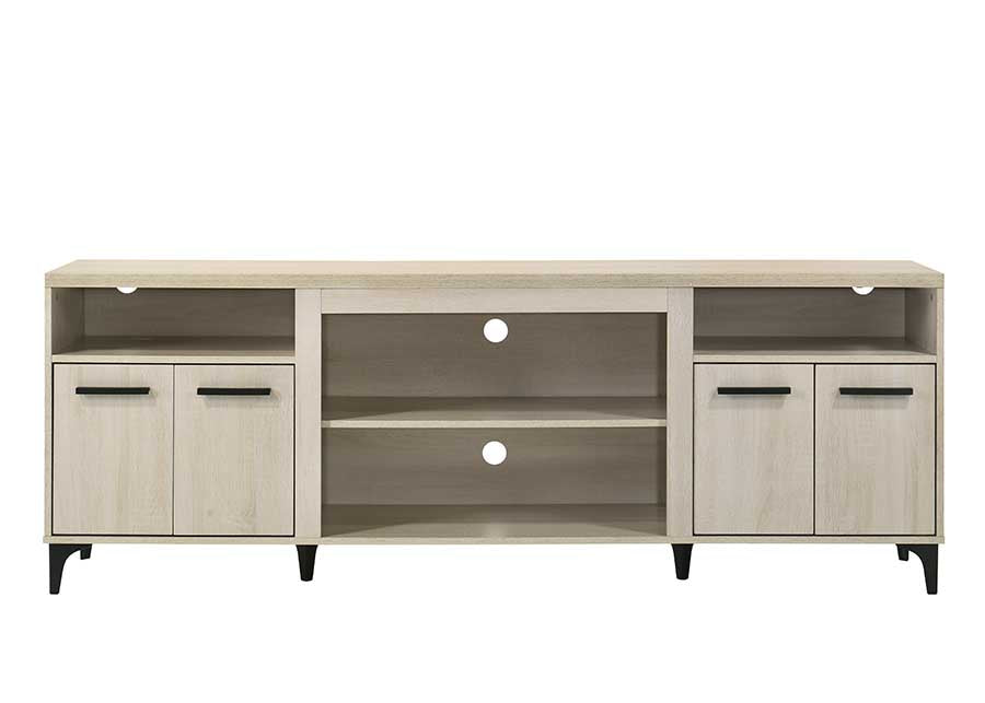 Light oak wood TV stand with black handles and tapered legs featuring open shelving and cabinet doors