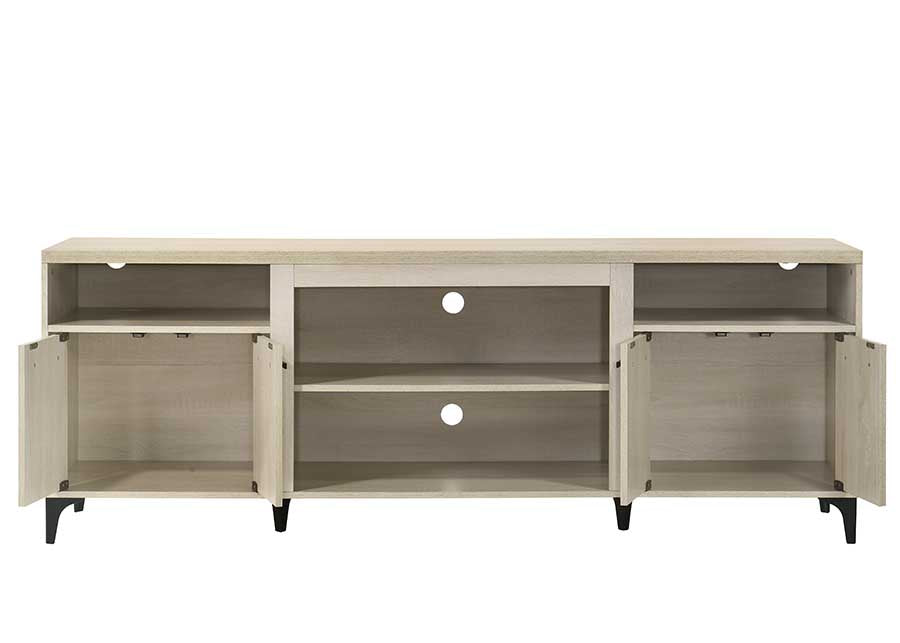 Light oak TV stand with open shelving and cabinet doors ideal for media consoles