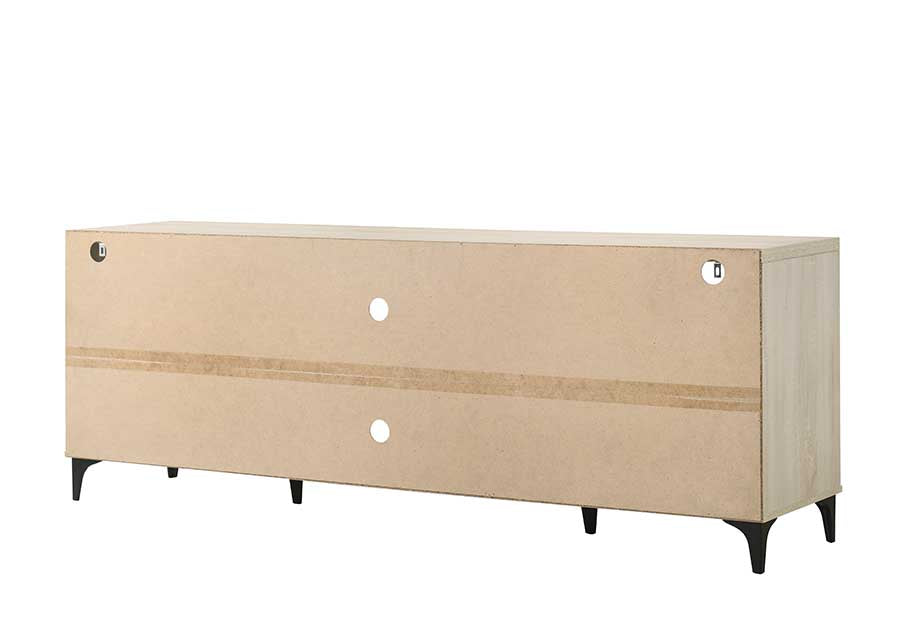 Light wood media console back view showing cable management holes and black metal legs