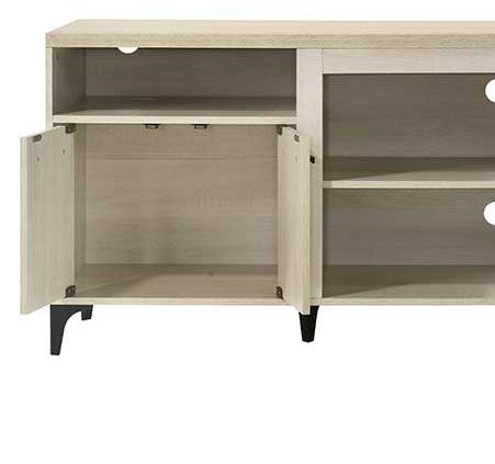 Light oak media console with open shelves and cabinet doors