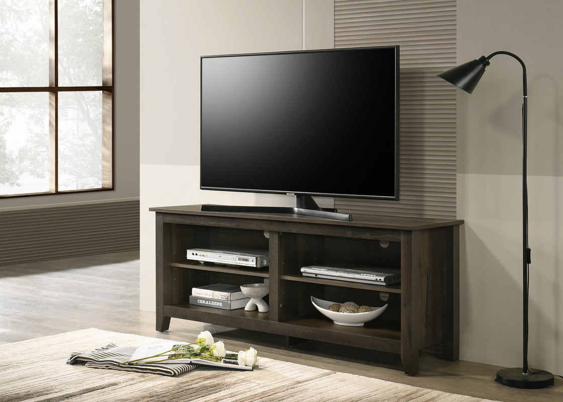 Dark wood tv stand with open shelving and two DVD players for entertainment storage