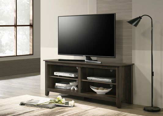 Dark wood tv stand with open shelving and two DVD players for entertainment storage