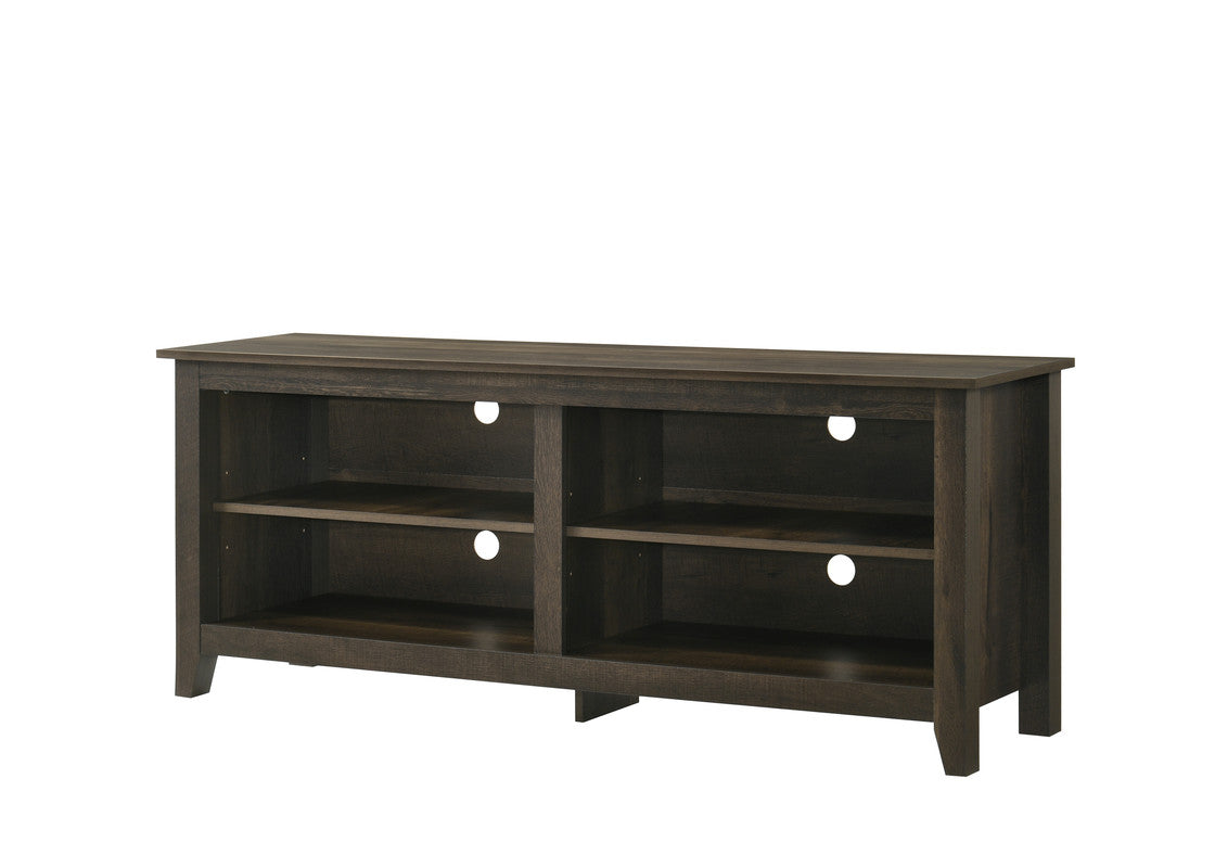 Dark wood modern media console with four open shelves and cable management holes
