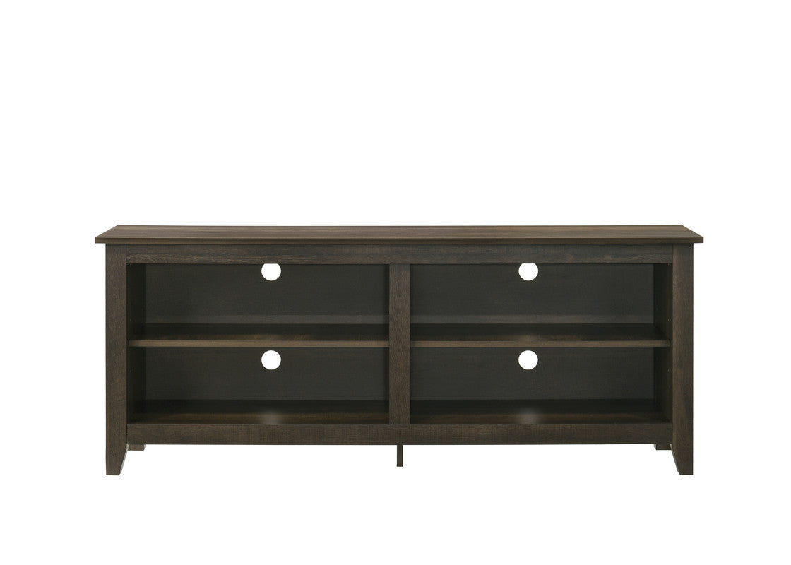 Dark oak tv stand with four shelves and cable management cutouts