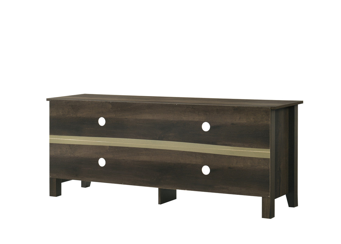 Dark wood TV stand with brushed gold accent stripe and four circular cable management holes