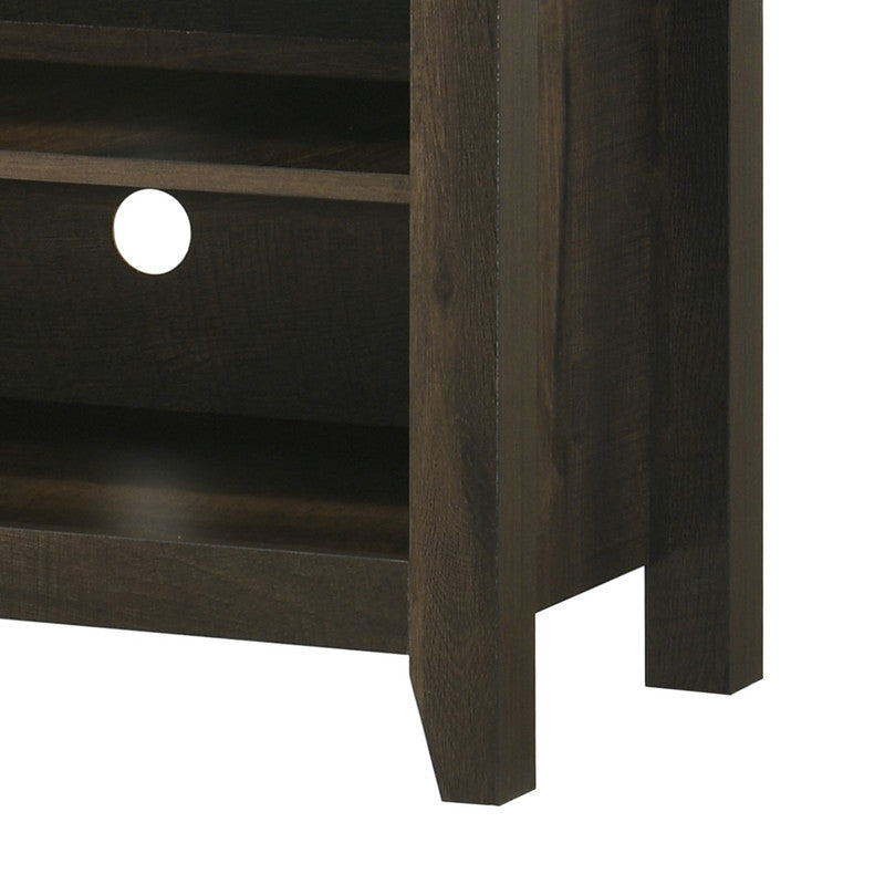 Dark oak media console with open shelves and cable management hole