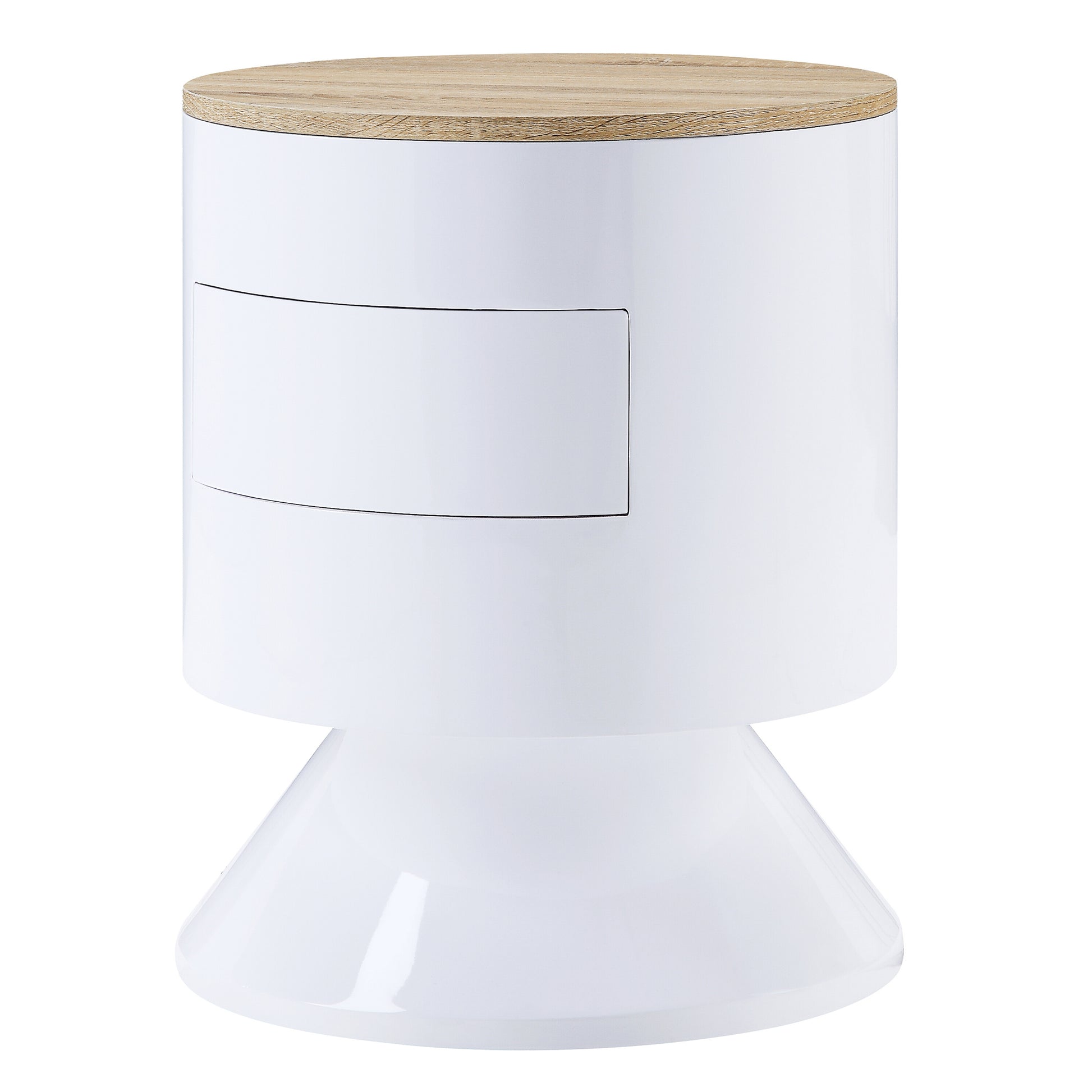 Modern white cylindrical end table with a light wood top and flared base
