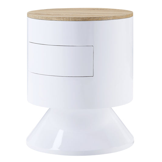 Modern white cylindrical end table with a light wood top and flared base