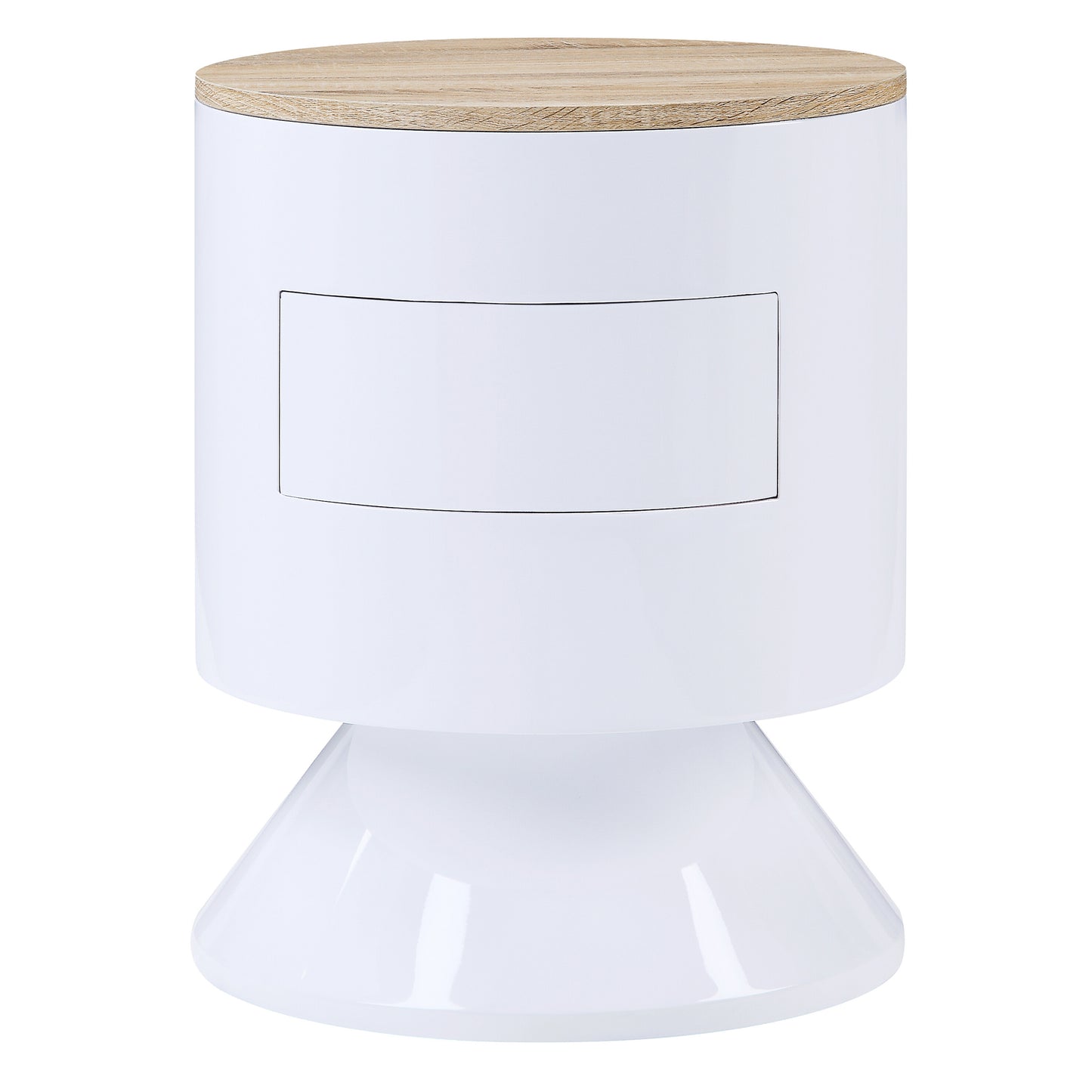 White cylindrical storage stool with light wood lid and pedestal base
