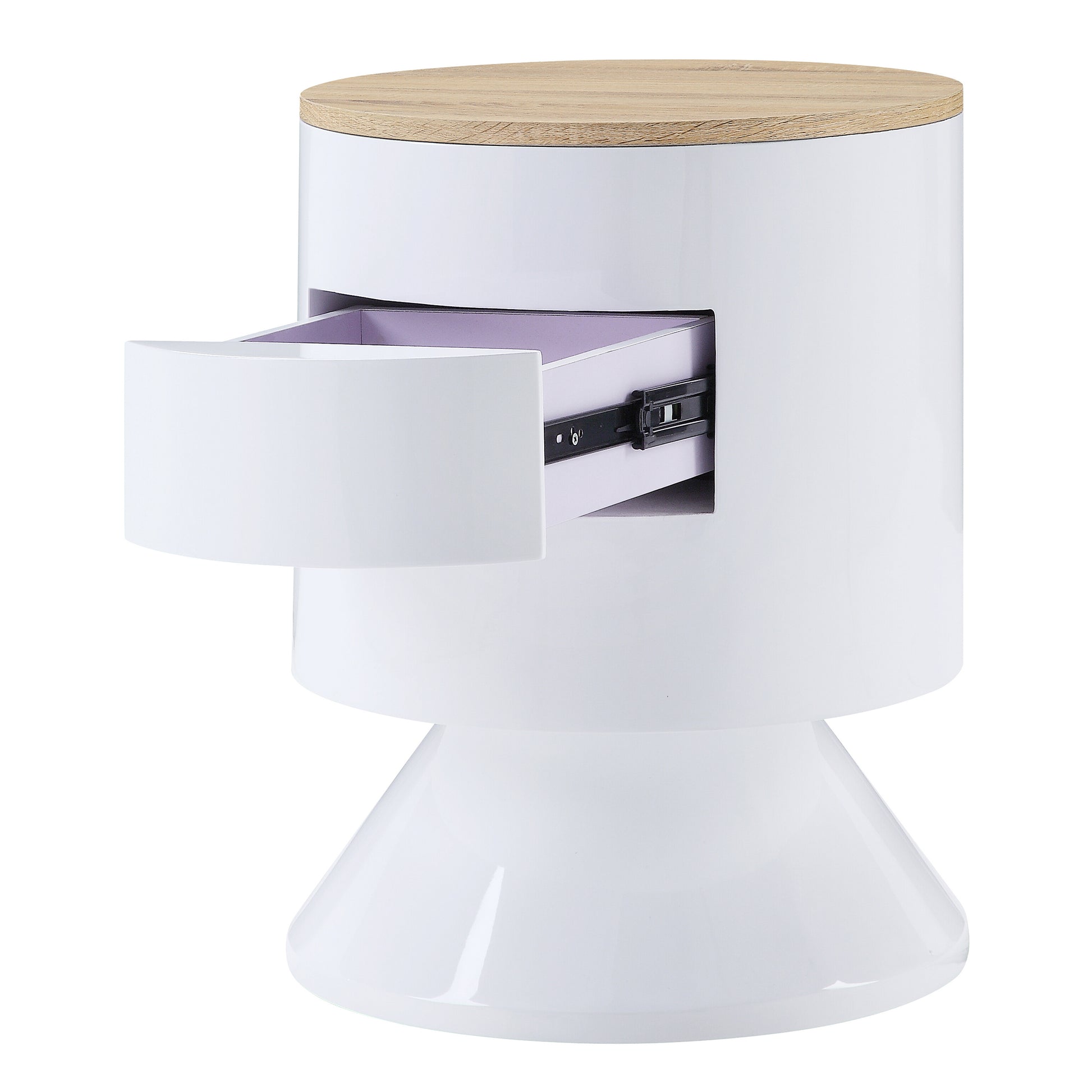 Modern white cylindrical nightstand with open drawer and oak wood top