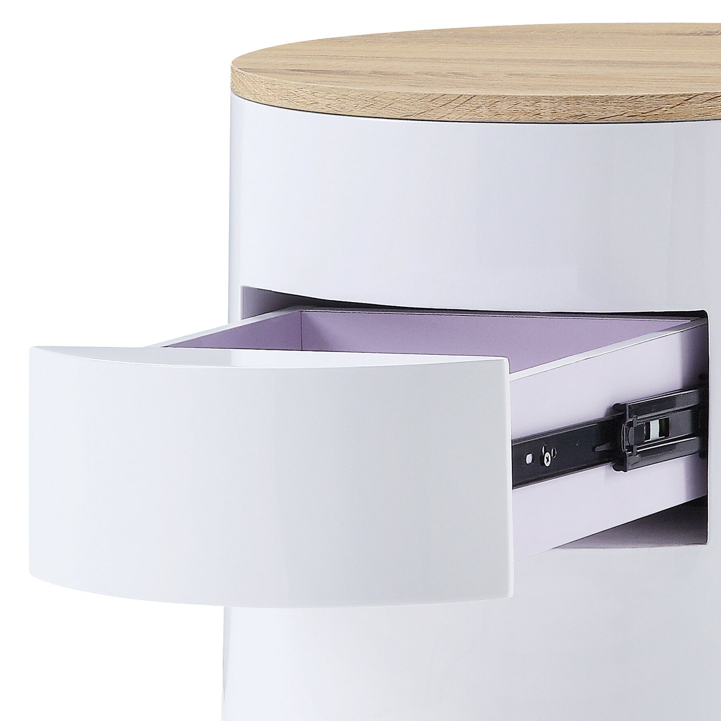 Round white bedside table with light wood top open lavender drawer