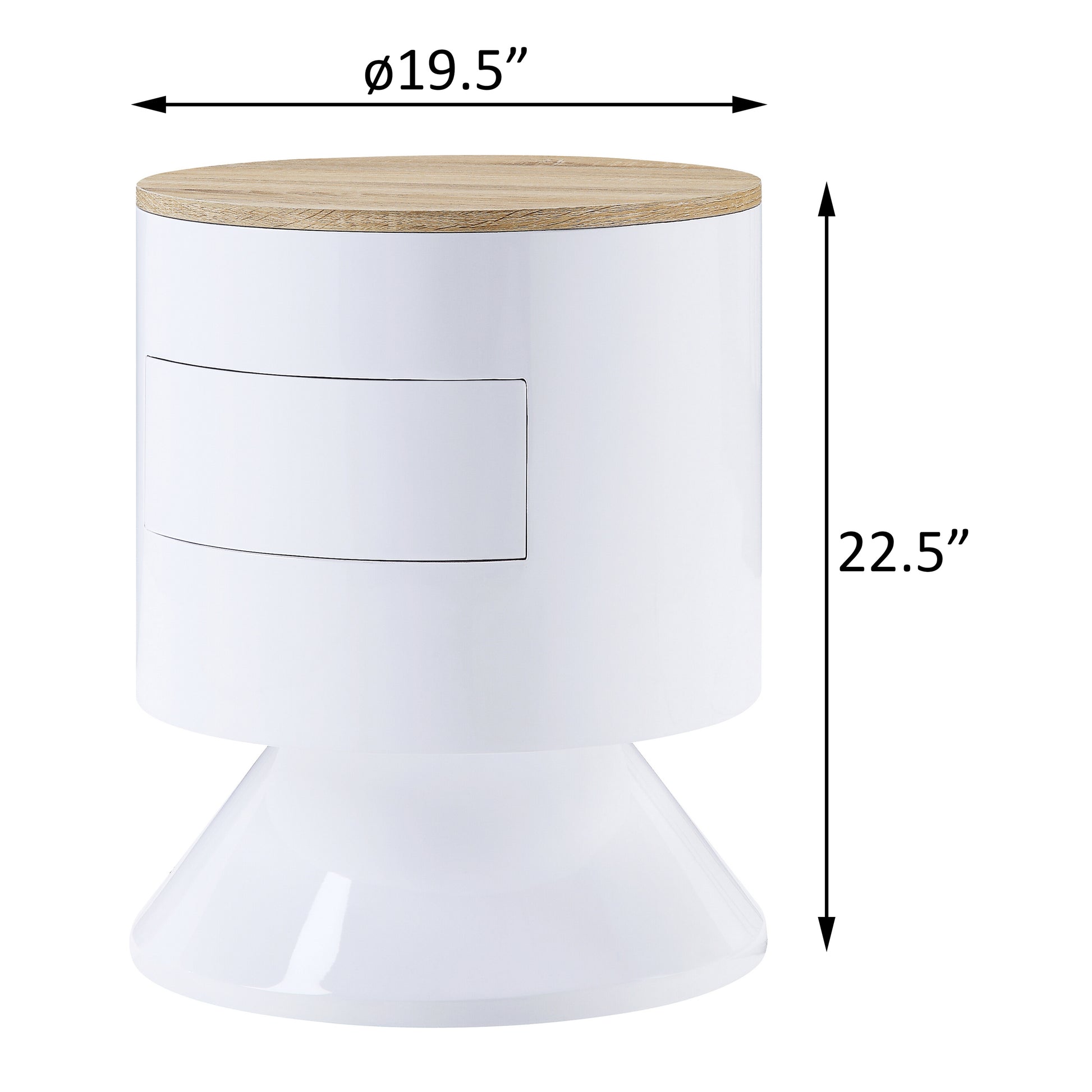 Modern white side table with a natural wood top and flared base  inch diameter