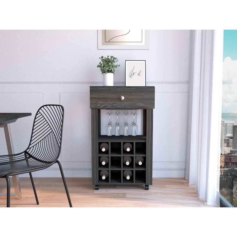 Dark wood wine cart with glass rack and  bottle storage cubbies on wheels
