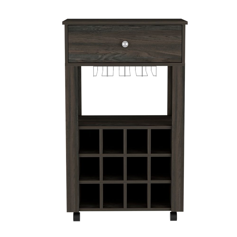 Dark oak wine cabinet with drawer and glass rack