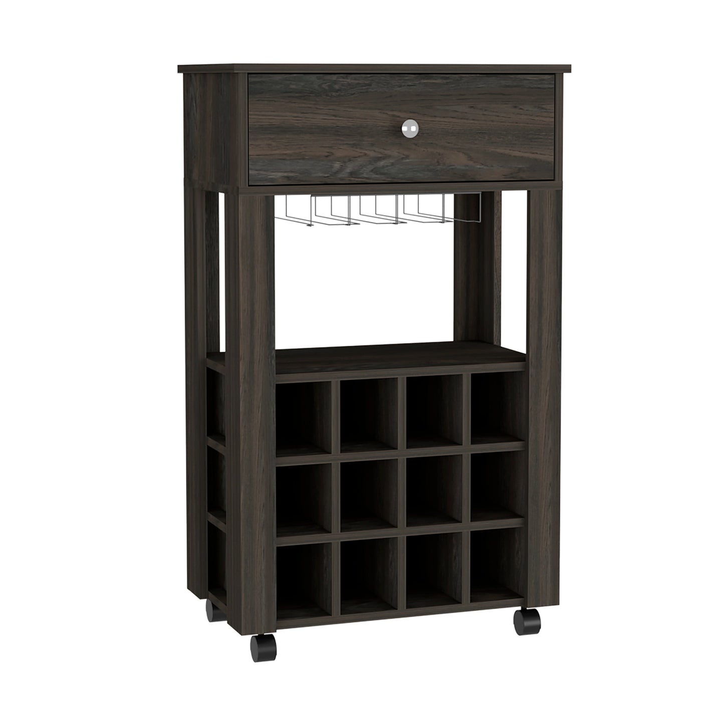 Dark oak wine cart with  cubbies and hanging glass rack