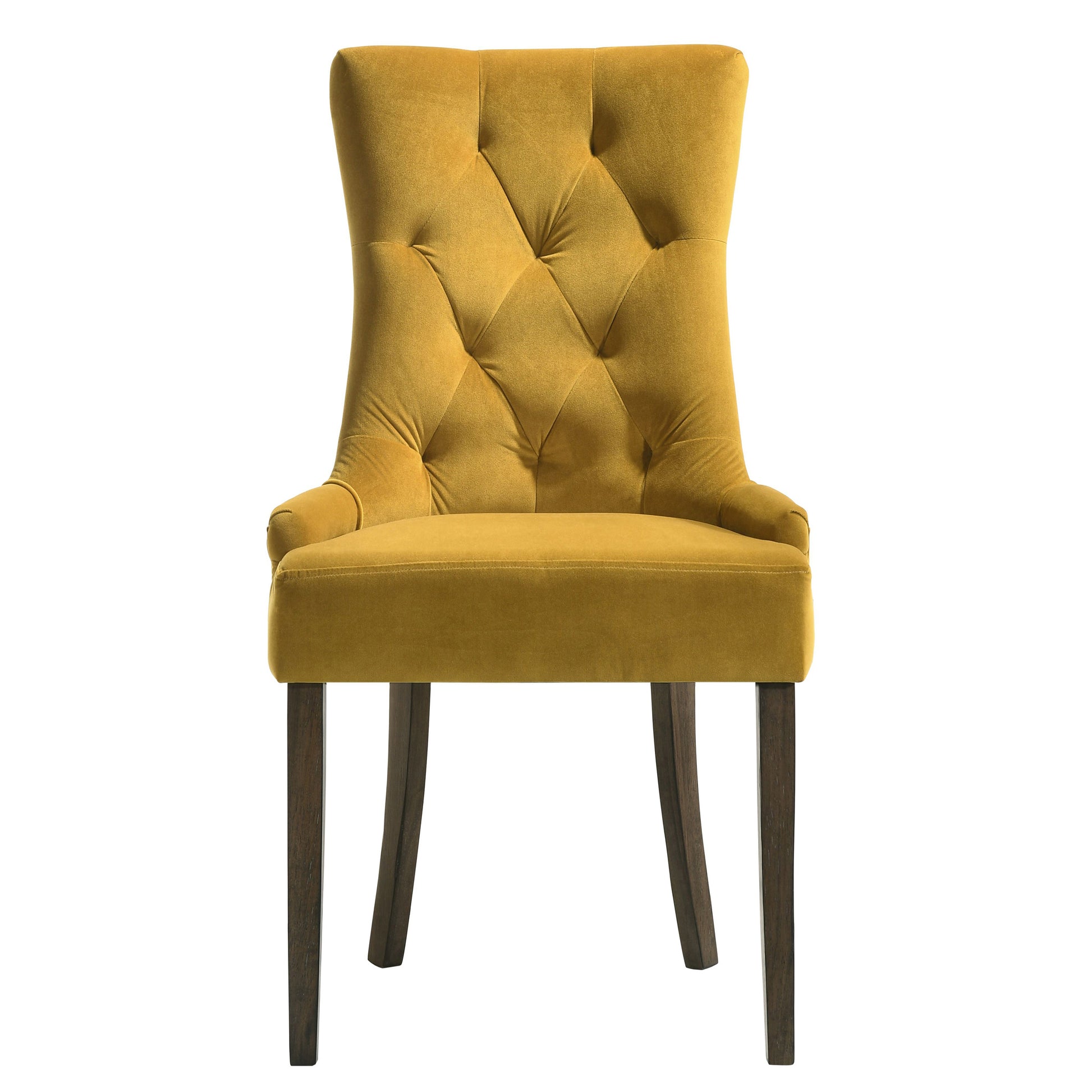 Golden velvet dining chair with tufted back and dark wood legs
