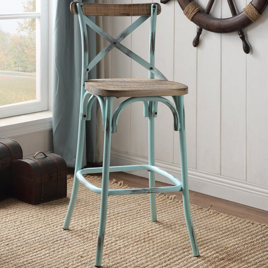 Distressed aqua metal bar stool with natural wood seat and Xback design