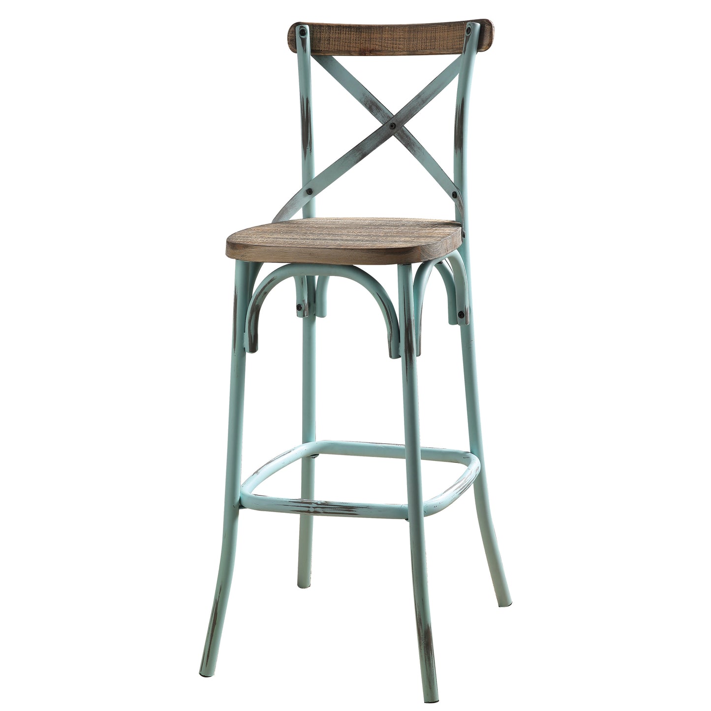 Distressed aqua metal and reclaimed wood crossback bar stool for rustic kitchen islands