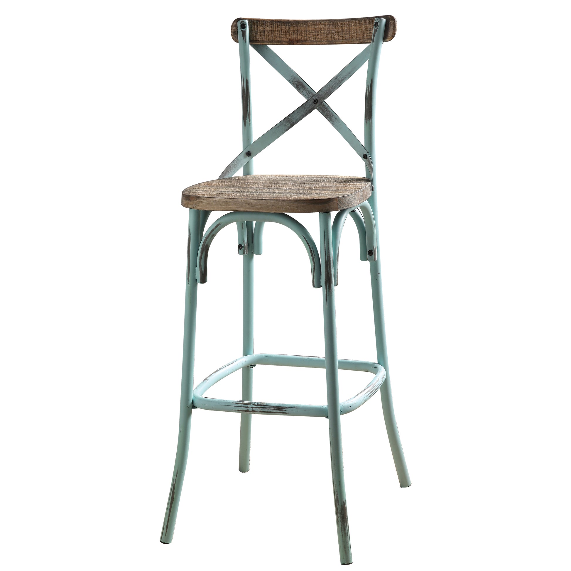 Distressed aqua metal and reclaimed wood crossback bar stool for rustic kitchen islands