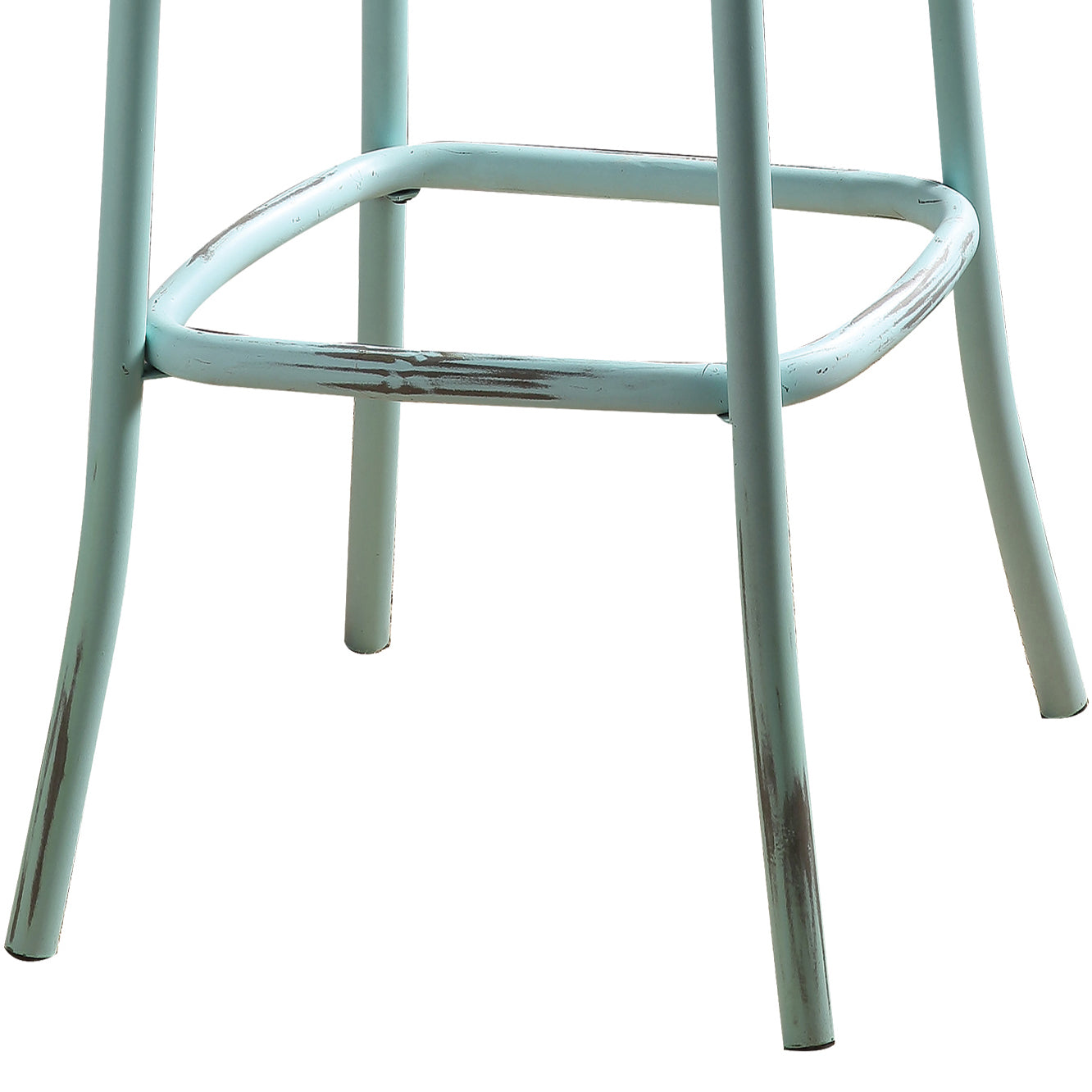 Distressed pale blue metal bar stool base with square footrest rustic style