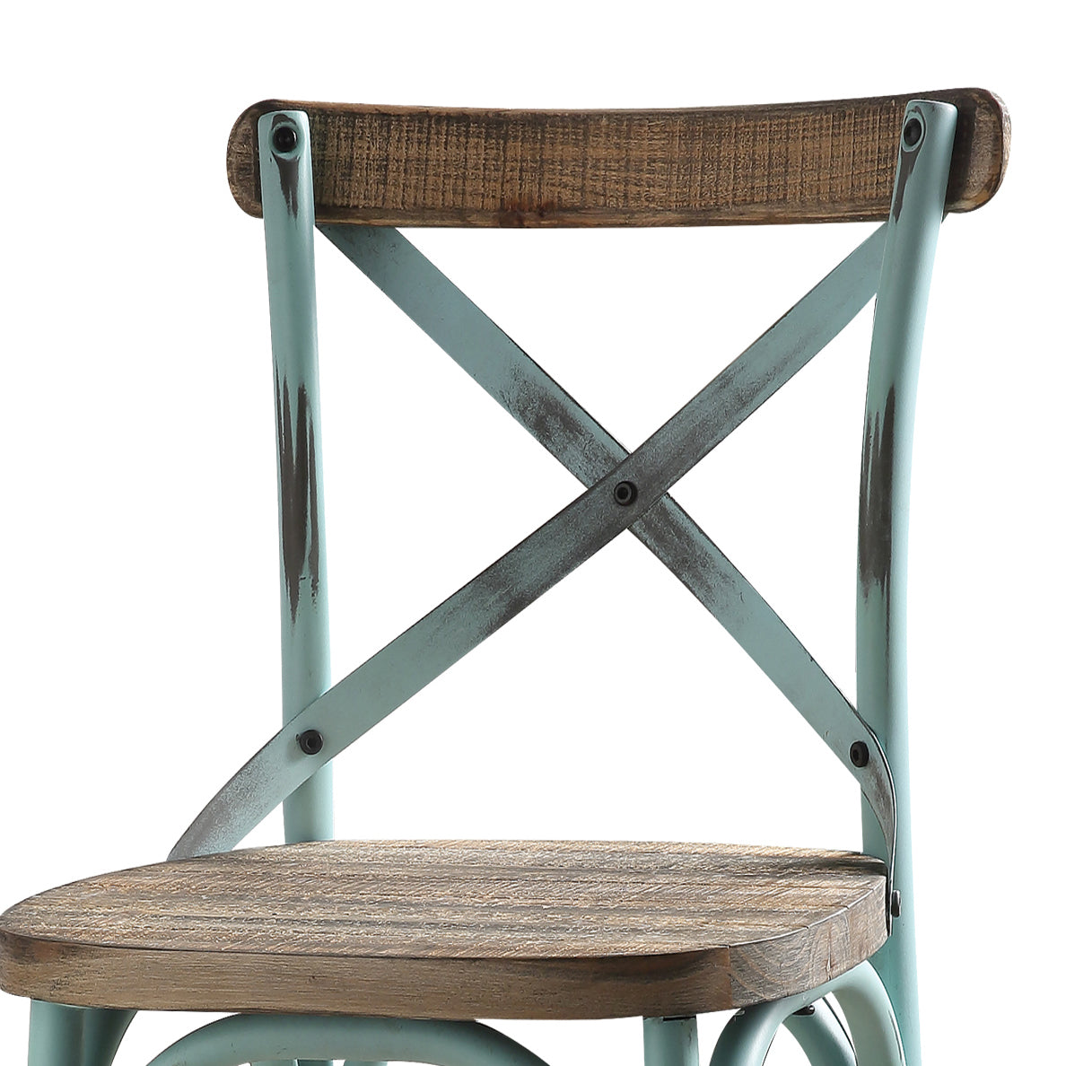 Distressed blue metal farmhouse chair with a distressed wood seat and back