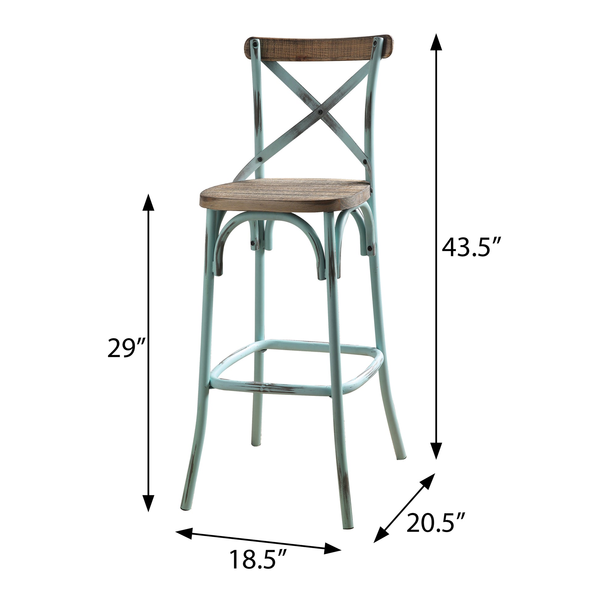 Distressed blue metal bar stool with rustic wood seat and Xback detail for kitchen island