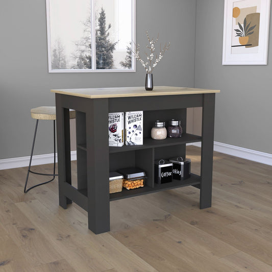 TREATLIFE HOME Kitchen Island with Spacious Top Surface and Three Open Storage Shelves, 35" Height, Black/Light Oak