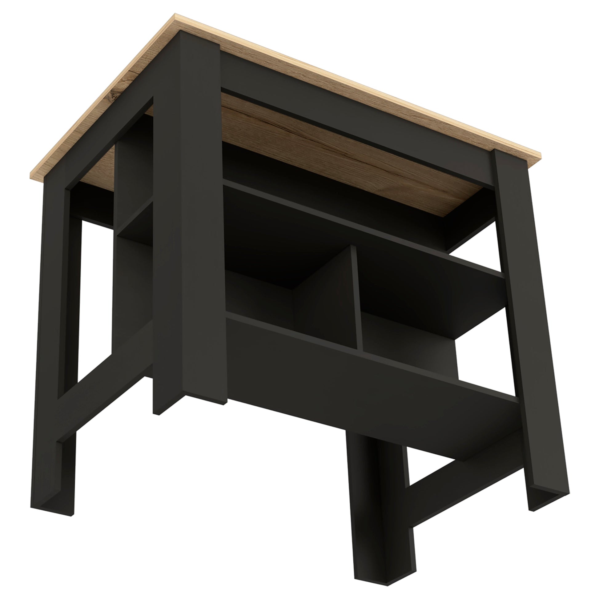 Black open shelving console table with light oak top and modern design