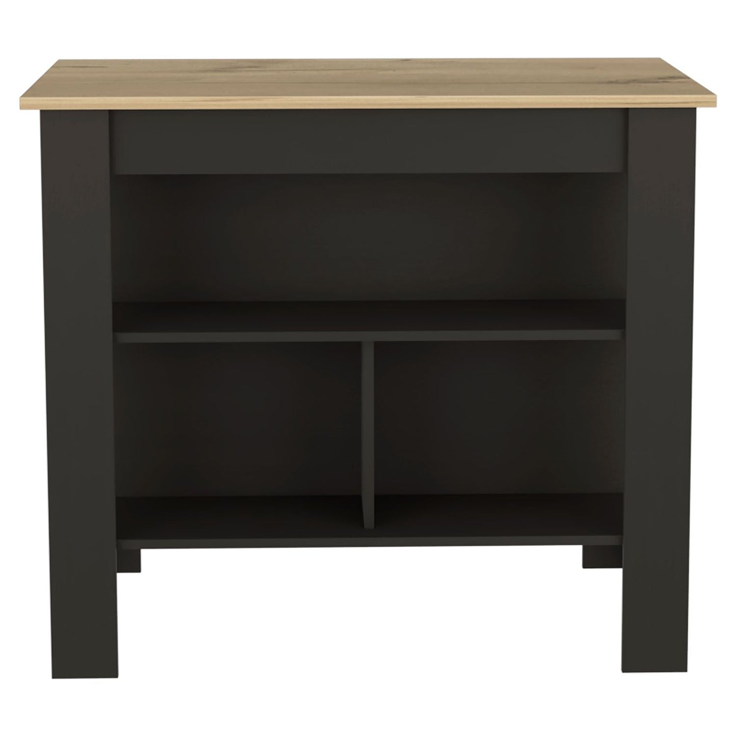 Dark grey open shelf storage unit with oak effect top