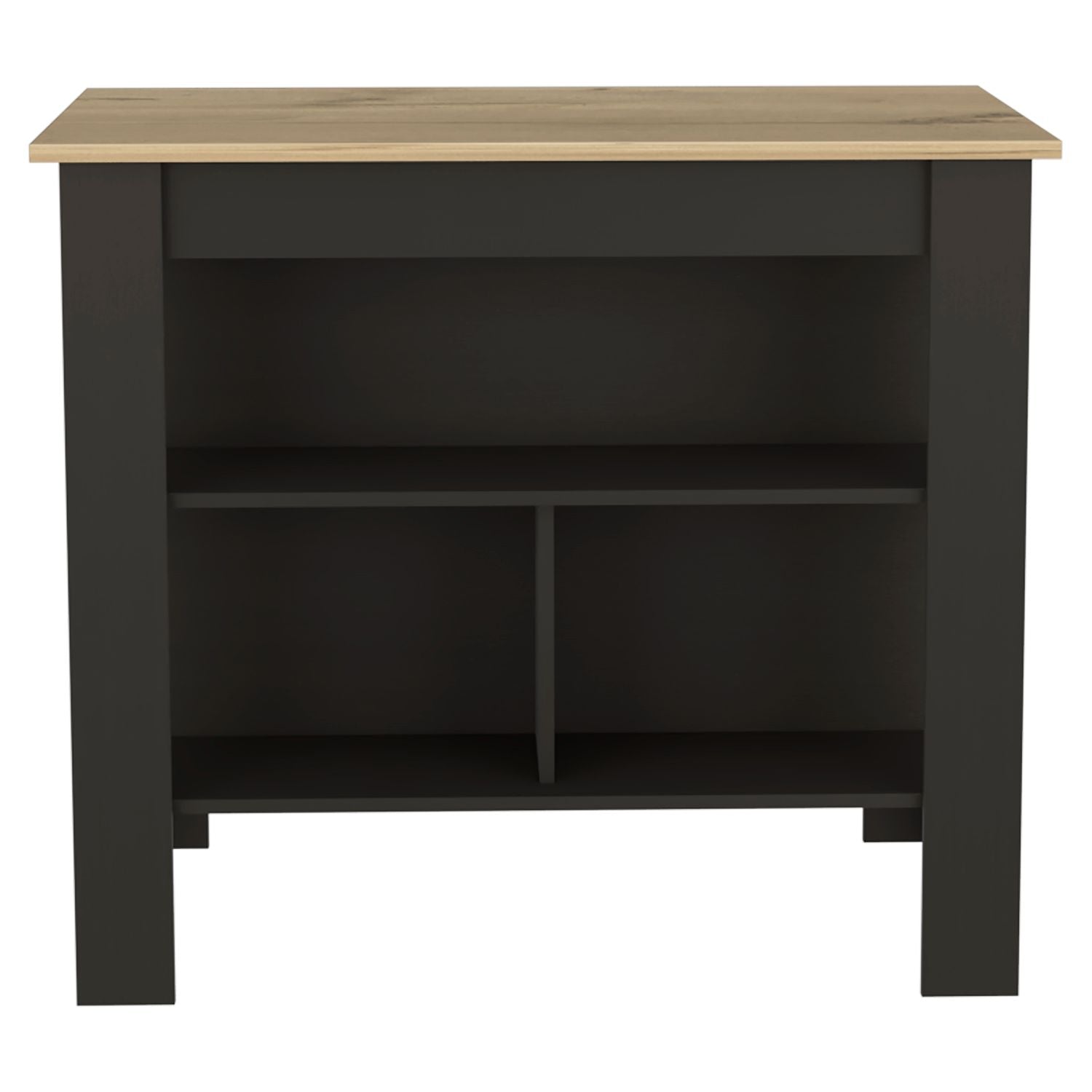 Dark grey open shelf storage unit with oak effect top