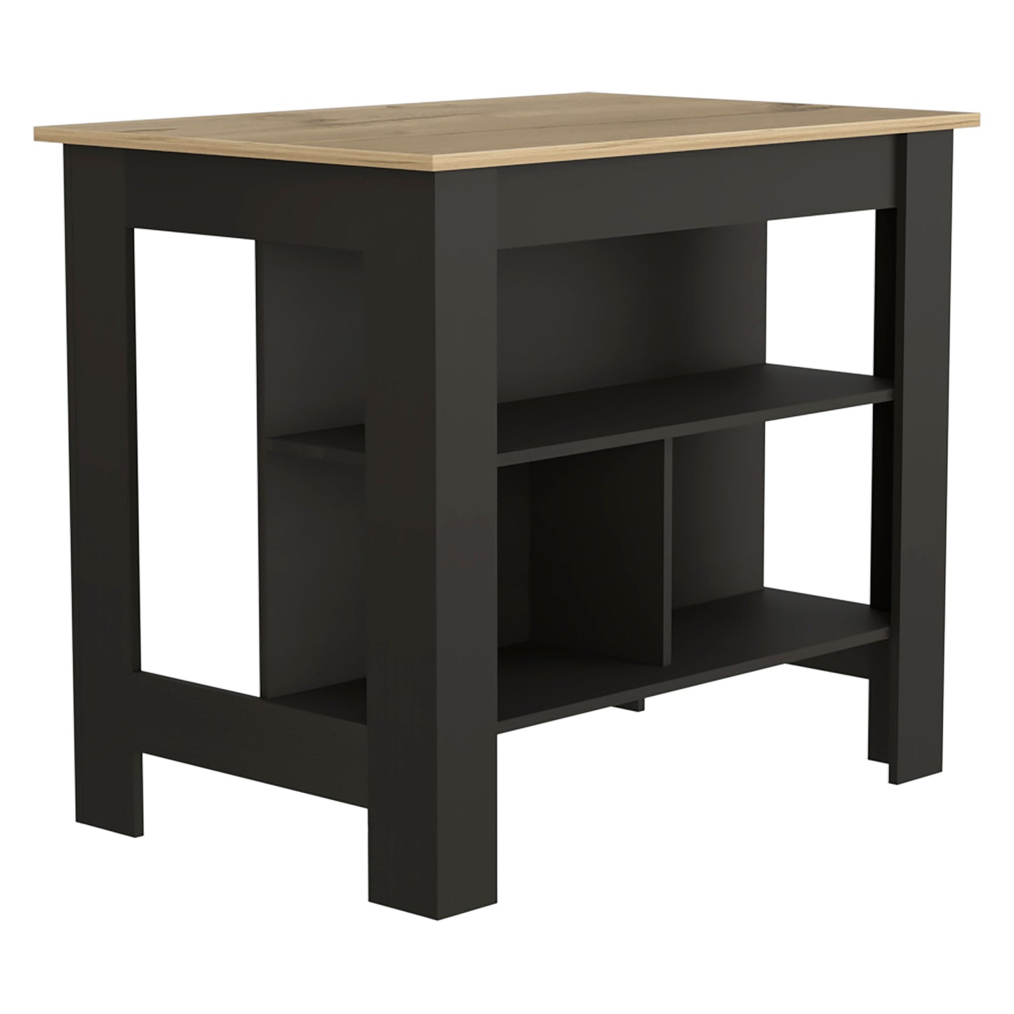 Compact dark gray kitchen island with oakeffect countertop and open shelving
