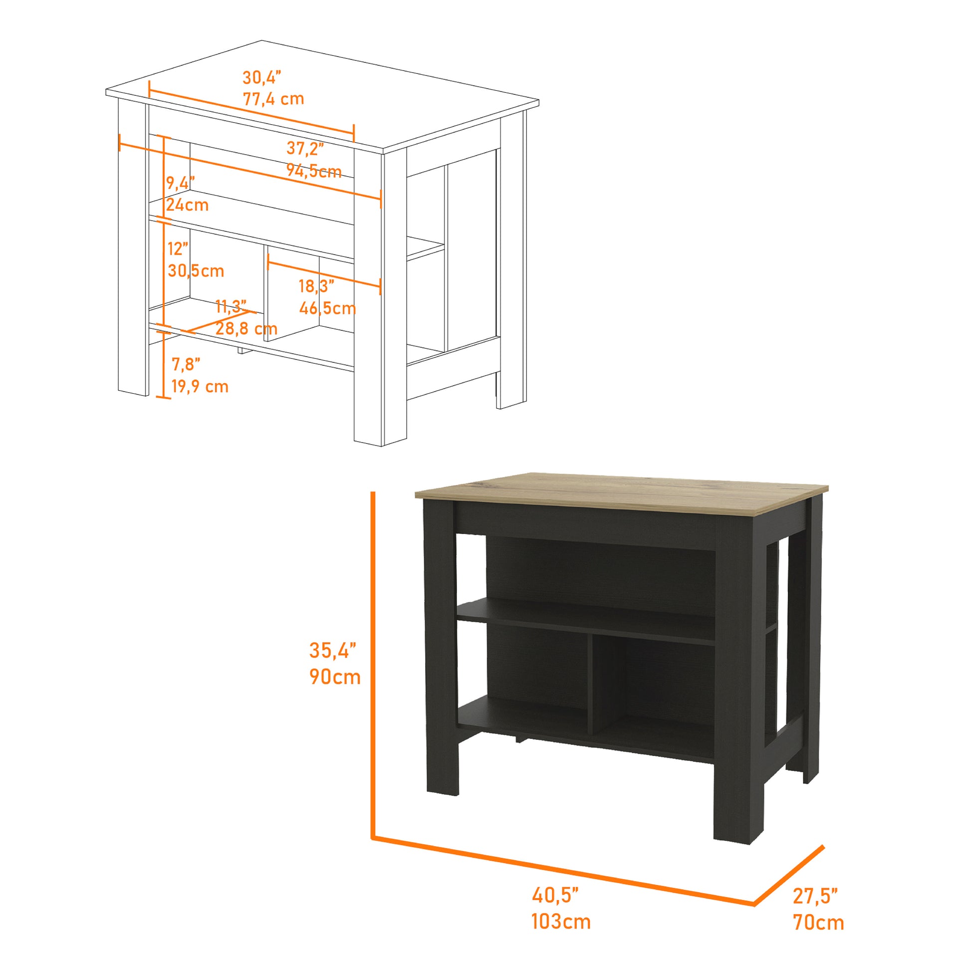 Dark grey kitchen island with light oak top