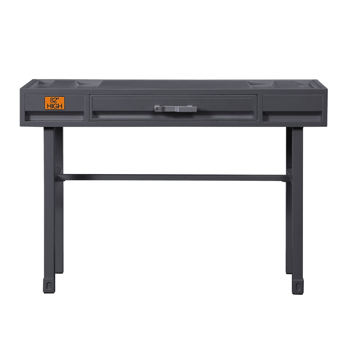 Dark gray metal console desk with one drawer and branded orange  HIGH label
