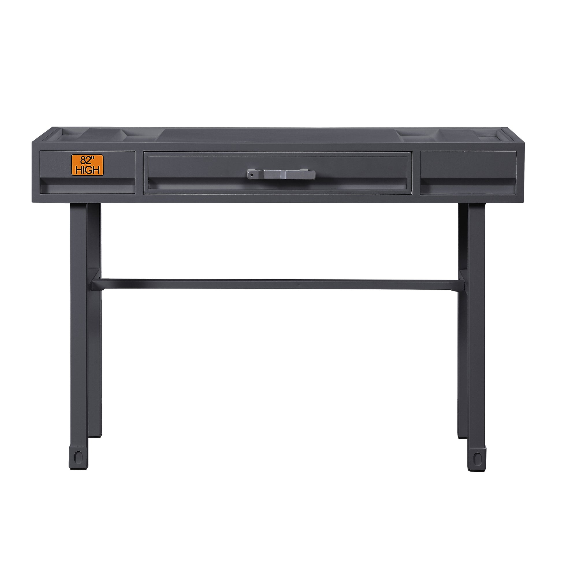 Dark gray metal console desk with one drawer and branded orange  HIGH label