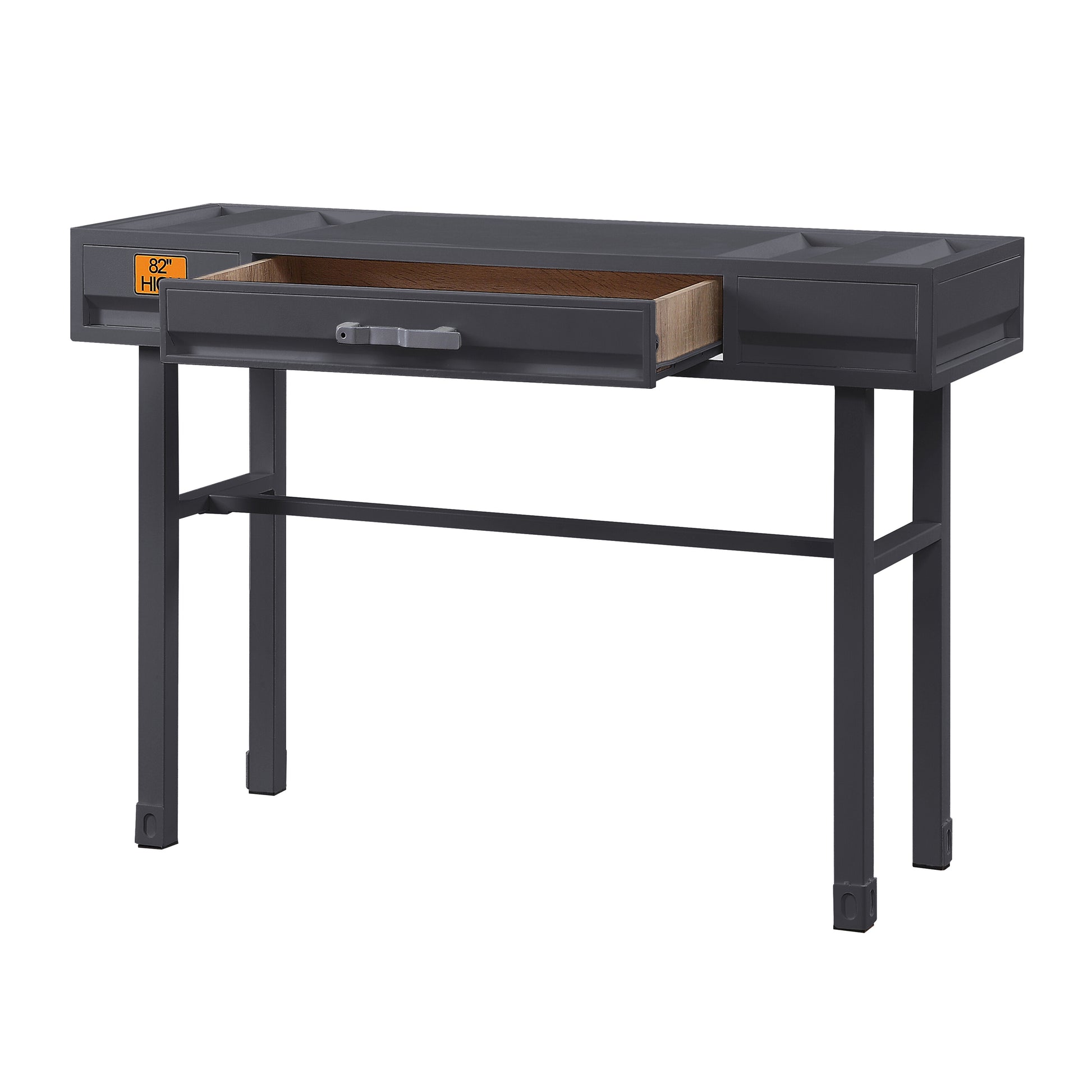 Charcoal gray console table with an open drawer and metal legs ideal for entryway decor