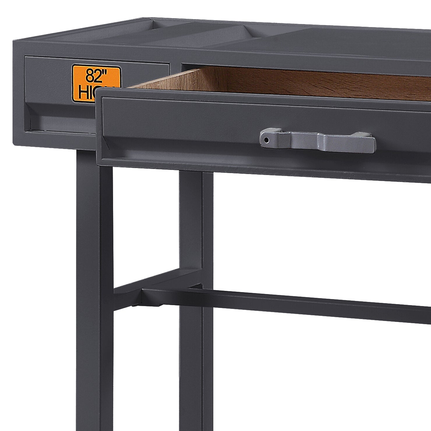 Dark grey metal console table with open drawer revealing wooden interior and silver handle