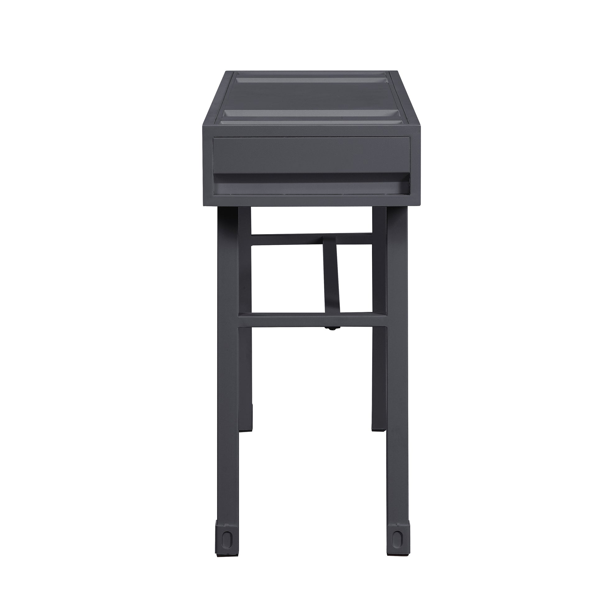 Modern dark gray metal console table with a single drawer and minimalist design
