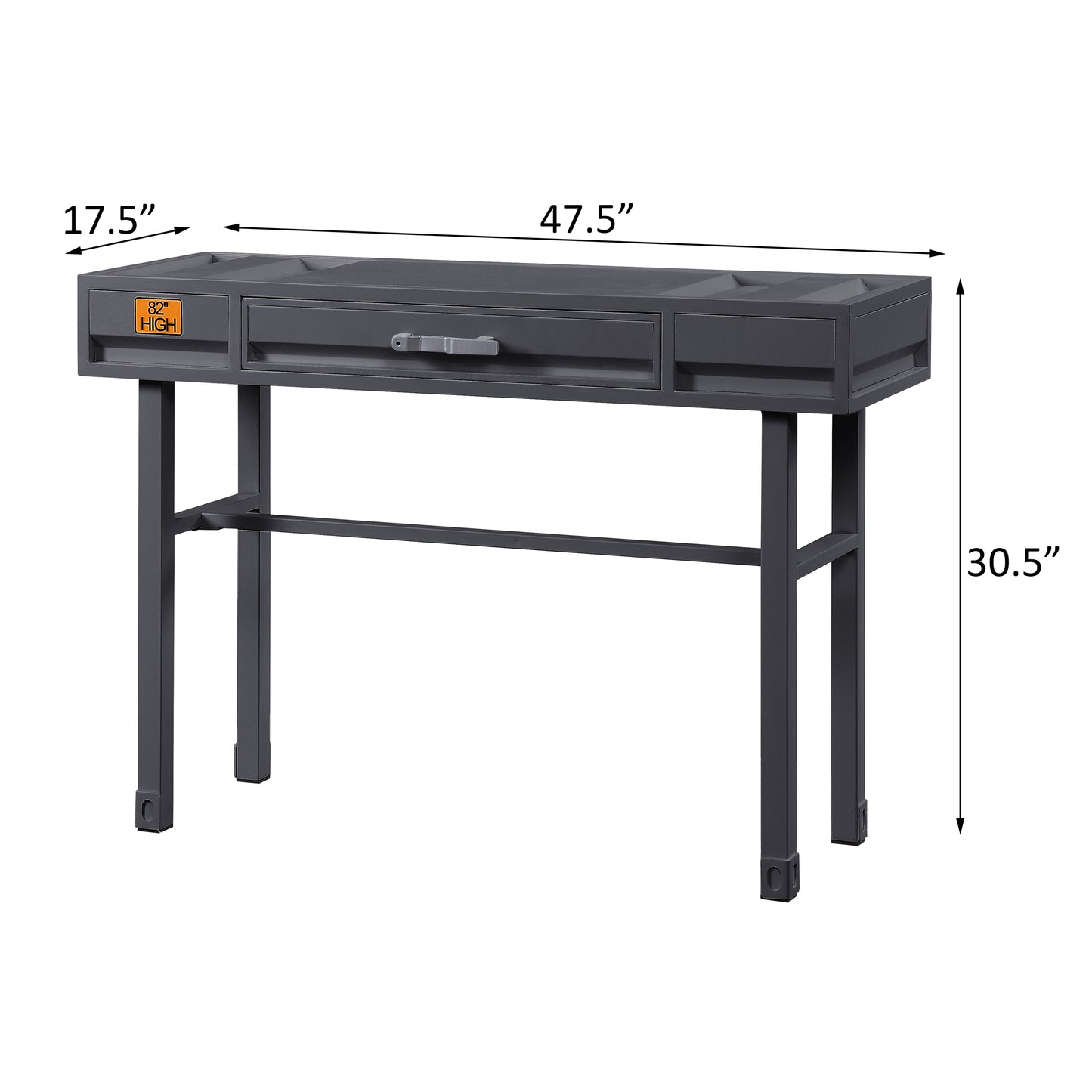 Gray metal console table with a single drawer and industrial design elements