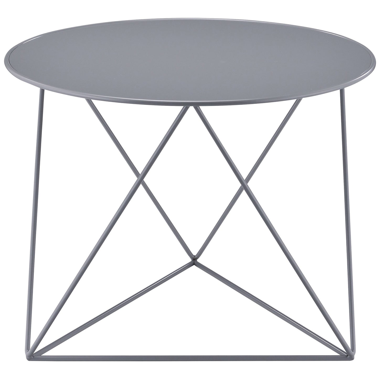 Minimalist grey round metal side table with geometric wire base perfect for modern living rooms